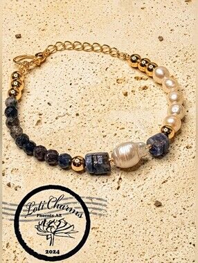 Genuine Natural  Sapphire & Baroque Pearl In Artisan Handctafted  Bead Bracelet